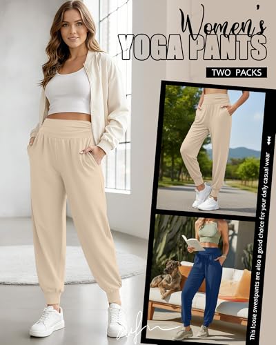 Locoowai 2 Pack Women's Yoga Sweatpants with Pockets - color: Apricot, Haze Blue, size: Medium