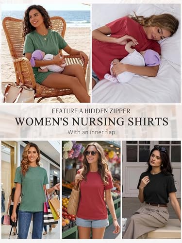 Ecavus 3 Pack Nursing Shirts for Breastfeeding, Hidden Zippers Nursing Tops - color: Black/Heather Green/Red Wood, size: Medium