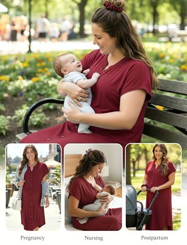 PATPAT Maternity Nursing Dress, Womens Button-Down Midi Dress with Pockets - color: Burgundy, size: Large