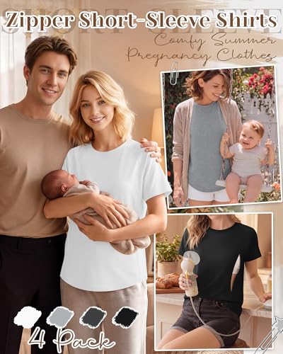 Huukeay 4 Pack Women's Nursing Breastfeeding T-Shirts - color: White, Light Gray, Dark Gray, Black, size: XX-Large