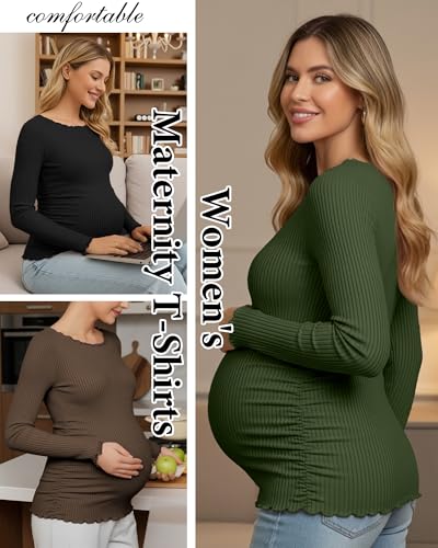 3 Pack Women's Maternity Cotton Shirts Long Sleeve - color: Coffee, Army Green, Black, size: Large