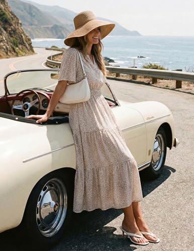 ZESICA Women's 2026 Summer Floral Boho A Line Maxi Dresses - color: Beige, size: X-Large
