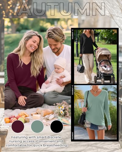 Huukeay 3 Pack Maternity Nursing Tops Breastfeeding Shirts - color: Black, Gray Green, Burgundy, size: Medium