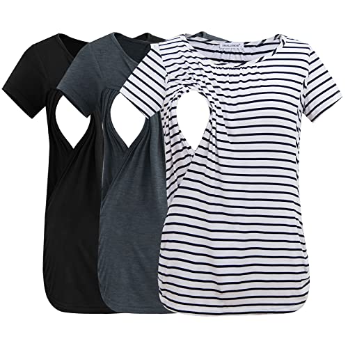 Smallshow Women's Nursing Tops Ruched Short Sleeve Breastfeeding Shirts 3-Pack - color: Black-deep Grey-white Stripe, size: X-Large