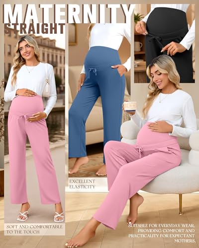Oakgarden 3 Pack Women's Maternity Pants Over Belly - color: Black, Denim Blue, Pink, size: Large
