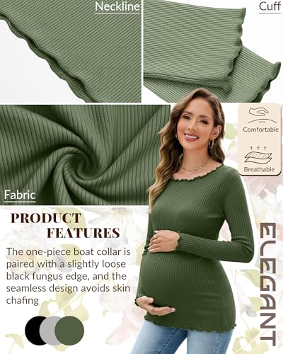 3 Pack Women's Maternity Long Sleeve Cotton Shirts - color: Black, Army Green, Light Gray, size: Medium