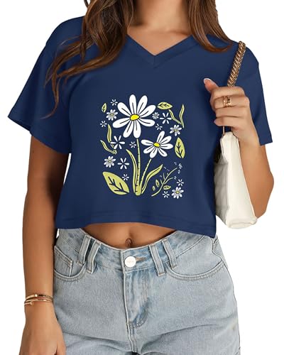 Womens Crop Tops Short Sleeve V Neck Summer Cropped T Shirts Baisc Tees - color: Dark Blue Daisy, size: Small
