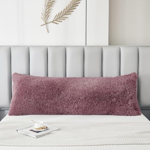 JAUXIO Faux Fur Fluffy Body Pillow Cover Luxury Shaggy Plush Decorative Body Pillowcase, Ultra Soft and Cozy Zipper Closure 21 x 54 Inches, Dusty Rose - color: Dusty Rose