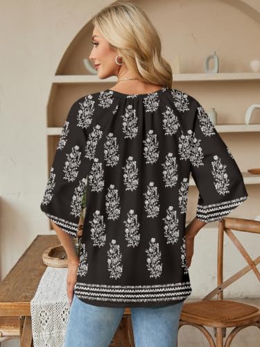 Poetsky Womens Boho Tops V Neck 3/4 Sleeve Blouses Loose Fit Tunic Shirts - color: Black, size: Medium