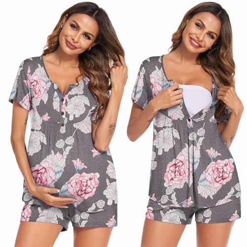 Ekouaer Women Maternity Nursing Pajama Sets Short Sleeve Postpartum Pajamas - color: Gray Flower, size: Medium