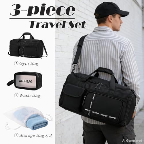 MAXTOP Large Gym Bag for Women Men Duffle Bag With Wet Dry Separation - color: Black Set, style: Gym Bag&toiletry Bag(45l)