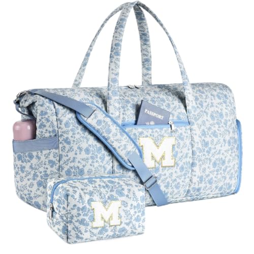 Personalized Quilted Duffle Bag for Travel Gym Weekender Hospital Carry On - color: Blue Flower, size: M