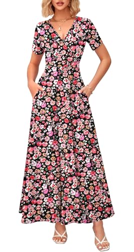 WNEEDU Women's Summer Maxi Dress Wrap Short Sleeve with Pockets - color: Black Red Flower, size: Large