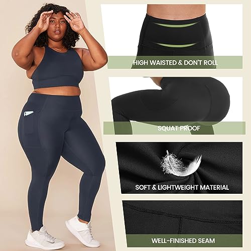 HLTPRO 3 Pack Plus Size Leggings with Pockets for Women - Soft High Waisted - color: A-black/Black/Grey, size: 3X-Large Plus