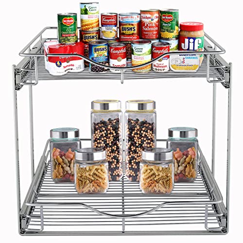 DINDON 2 Tier Pull Out Cabinet Organizer (11" W X 21" D), Double Tier Wire Basket Slide Out Shelf Storage for Kitchen Base Cabinet Organization for Kitchen, Pantry, Bathroom, Chrome - size: 11" W X 21" D