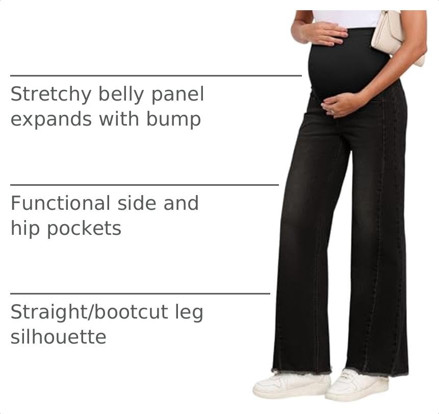 BLENCOT Women Maternity Jeans Bootcut Straight Leg Stretchy Denim Pants - color: Black, size: Large