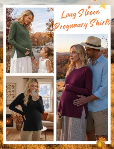 3 Pack Women Maternity Shirts Long Sleeve Pregnancy Tops with Thumb Hole - color: Black/Dark Red/Army Green, size: Medium