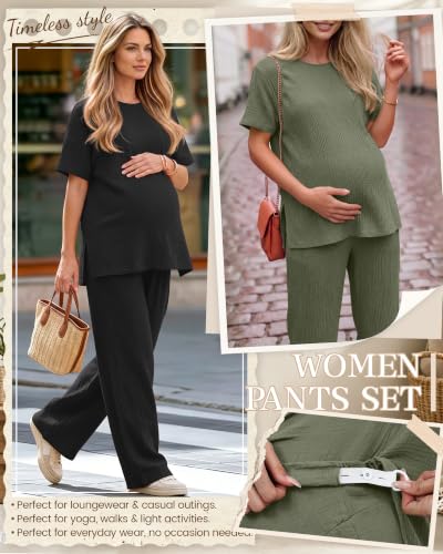 Ficerd 4 Pcs 100% Cotton Muslin Maternity Pajamas Lounge Sets - color: Army Green, Black, size: Large