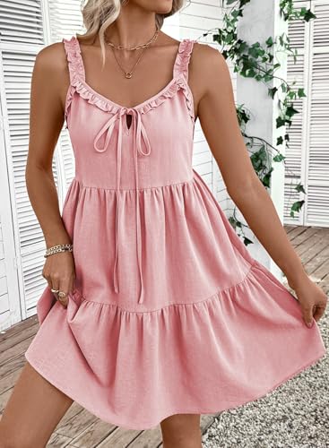BLENCOT Maternity Dress Sleeveless Tie-Front Ruffle Strap Smocked Tiered Midi Dress with Pockets - color: Pink, size: Large