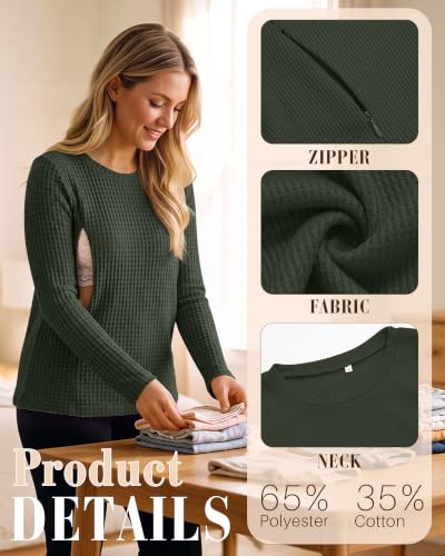 Locoowai 4 Pack Nursing Tops Waffle Knit Long Sleeve Shirts - color: Army Green, Light Brown, Light Gray, Black, size: Medium