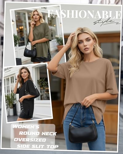 Huukeay 3 Pack Women's Oversized T Shirts Workout Tops - color: Black, Army Green, Coffee, size: Large