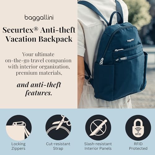 Baggallini Securtex® Anti-theft Vacation Travel Backpack 10x13 Daypack w/Locking Zippers & RFID Wallet Slash-Resistant - color: Jam/Dusty Mauve