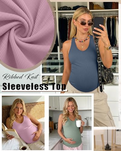 3 Pack Maternity Tank Tops Ribbed V Neck - color: Haze Blue, Pink, Gray Green, size: X-Large