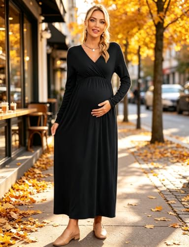 Fall Wrap V Neck Long Sleeve Maternity Maxi Dress Baby Shower - color: Black, size: Large