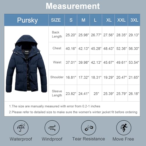 Pursky Women's Warm Winter Thicken Coat Waterproof Cropped Jackets Parka With Removable Hood - color: Navy, size: Medium