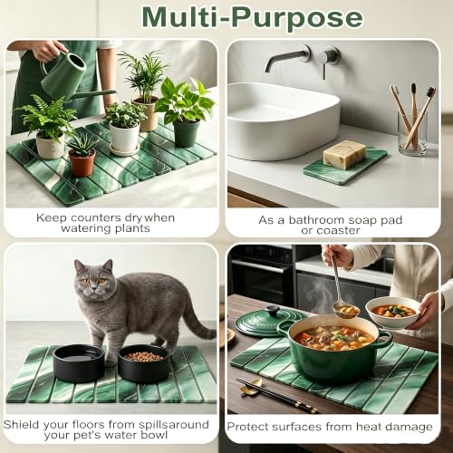 Dish Drying Mat for Kitchen Counter Marble Diatomite Cyan Foldable