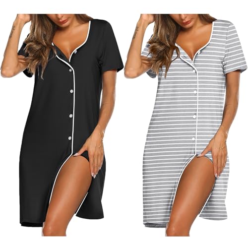 Ekouaer Nightgowns for Women 2 Pack Night Gowns Button Down Sleep Shirts - color: Black/Grey Stripe, size: Medium