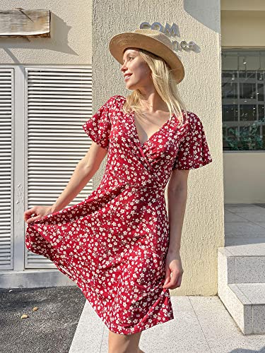 FENSACE Women Sundress Summer Wrap V Neck Flowy Midi Dress - color: Red, size: Medium