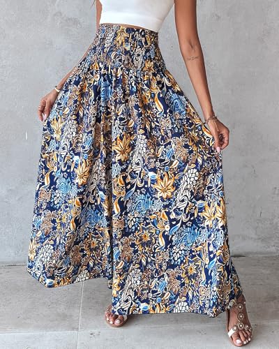 CHICME Womens Boho High Waisted Wide Leg Palazzo Pants Beach Vacation Wear - color: A-blue, size: Large