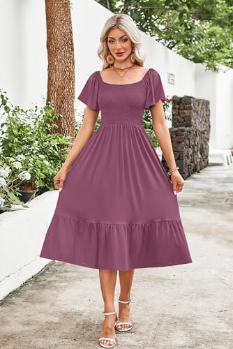 AUSELILY Women's Summer Smocked Short Sleeve Midi Dress 2026 - color: Mauve, size: X-Large