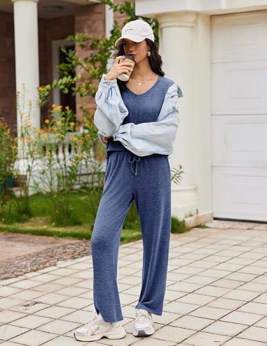 Ekouaer Fall Pajamas for Women Set Long Sleeve V Neck 2 Piece Lounge Sets - color: Dark Navy, size: Small