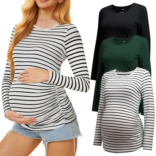 3 Pack Maternity Shirts Long Sleeve Crew Neck Pregnancy Top for Women - color: Black/Dark Green/White Stripe, size: Medium