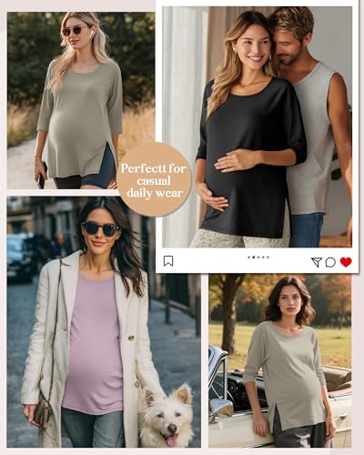 3 Pack Women's 3/4 Sleeve Maternity Loose Crewneck Tops - color: Cement Gray, Gray Purple, Black, size: Small