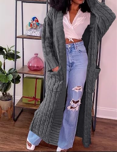 Womens Thin Stylish Cable Knit Dual Extra Long Maxi Cardigan with 2-Pockets - color: Cardigan-dark Gray, size: Large