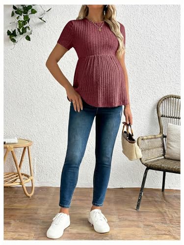 RoseSeek Women's Ribbed Knit Maternity T Shirt Short Sleeve Peplum Tops - color: Deep Red, size: Small