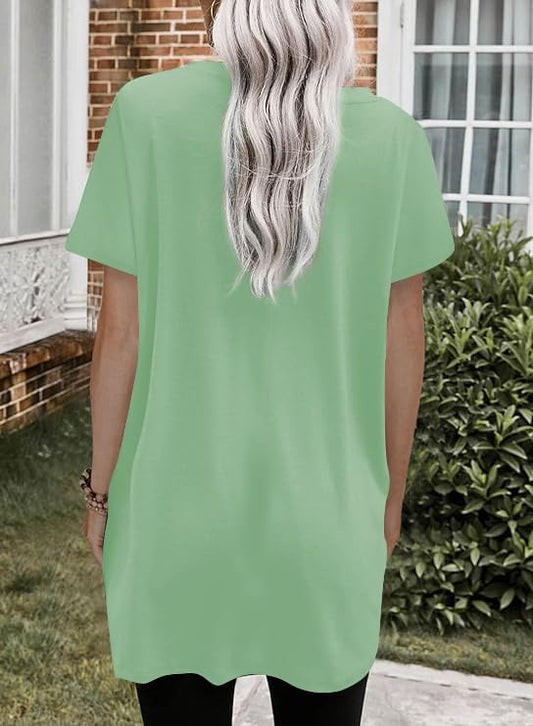 Poetsky Summer Womens Tunic Tops for Leggings with Pockets Short Sleeve Casual Long T Shirts S-3XL - color: Bright Green, size: Medium