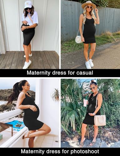 Peauty B Shape Side Ruch Maternity Tank Dress Bodycon Midi Dress - color: Black, size: X-Large