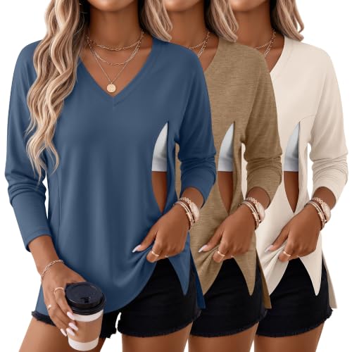 Riyiper 3 Pack Women's Nursing Shirts for Breastfeeding - color: Haze Blue, Camel, Cream, size: X-Large