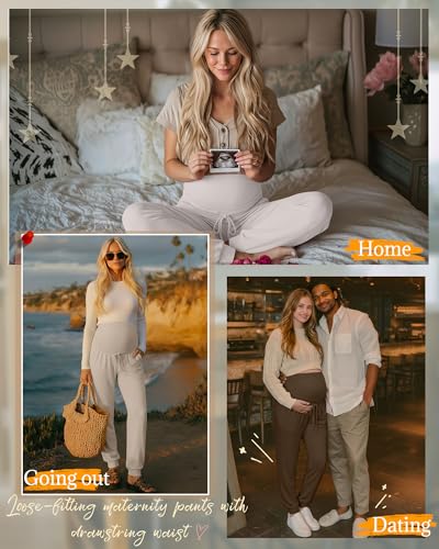 3 Pack Womens Maternity Pants Loose Pregnancy Joggers - color: Oatmeal Color, Apricot, Coffee, size: Medium