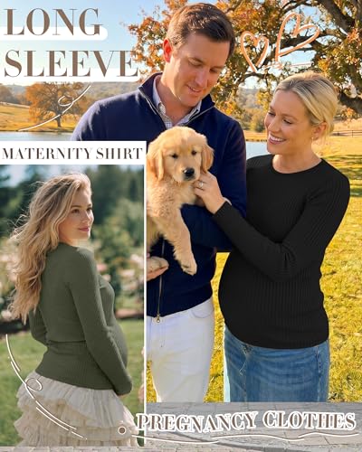4 Pack Womens Ribbed Maternity Shirts Slim Fit Tops - color: Army Green, White, Light Gray, Black, size: Small