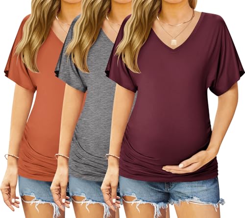 Ekouaer 3 Pack Maternity Shirts V Neck Pregnancy Tops Tunic Blouse Summer - color: A Grey/Burgundy/Brick Red, size: Medium