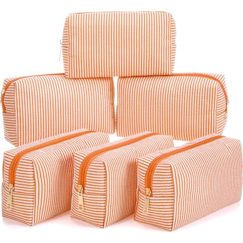 Sanwuta 6 Pcs Seersucker Cosmetic Bags Bulk, Striped Zippered,Orange - color: Orange