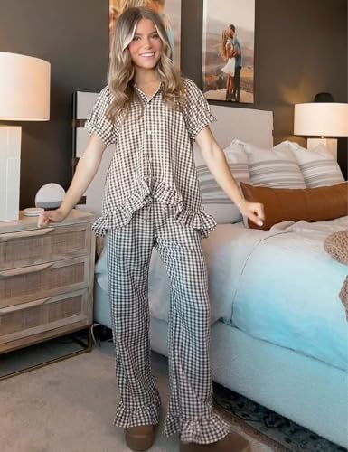 COZYPOIN 100% Cotton Pajamas for Women Set Cute Gingham Lounge Set - color: Black, size: X-Small