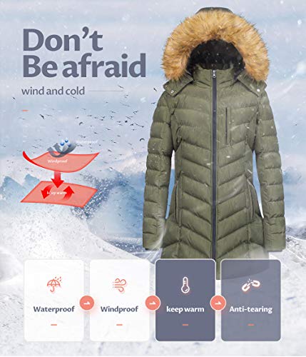 CREATMO US Women's Winter Hooded Coat Waterproof Warm Long Puffer Jacket Parka - color: Army Green, size: Large