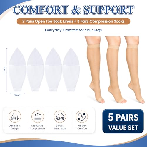 3 Pair Open Toe Compression Stockings with 2 Sock Aid for Easy Slide Knee High Sheer Toeless Compression Socks 15-20 Mmhg for Women Men Elderly Pregnant Applicator, Large