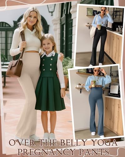 3 Pack Maternity Over The Belly Flared Leggings Pants - color: Apricot, Haze Blue, Black, size: Small